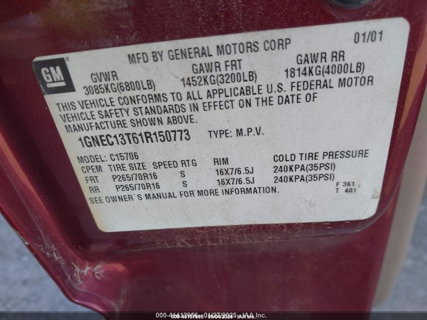 2001 Chevrolet Tahoe Lt VIN: 1GNEC13T61R150773 Lot: 43157865