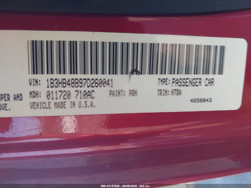 2007 Dodge Caliber Sxt VIN: 1B3HB48B97D260041 Lot: 43157888