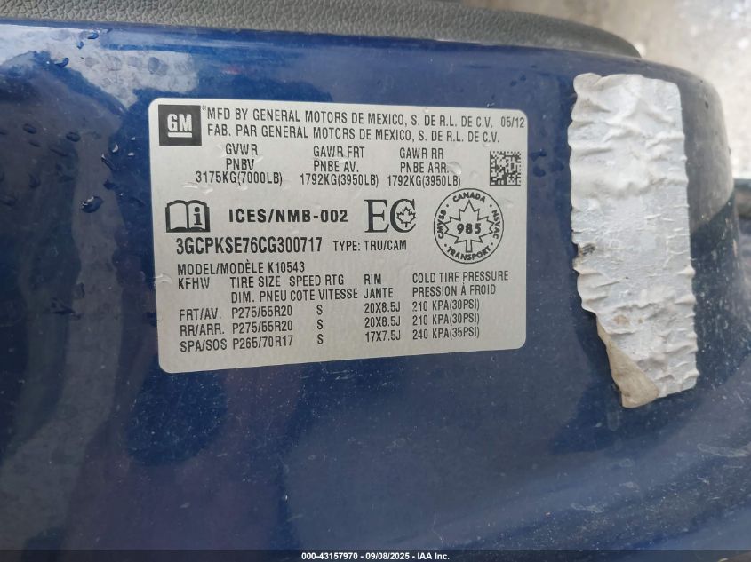 2012 Chevrolet Silverado 1500 Lt VIN: 3GCPKSE76CG300717 Lot: 43157970