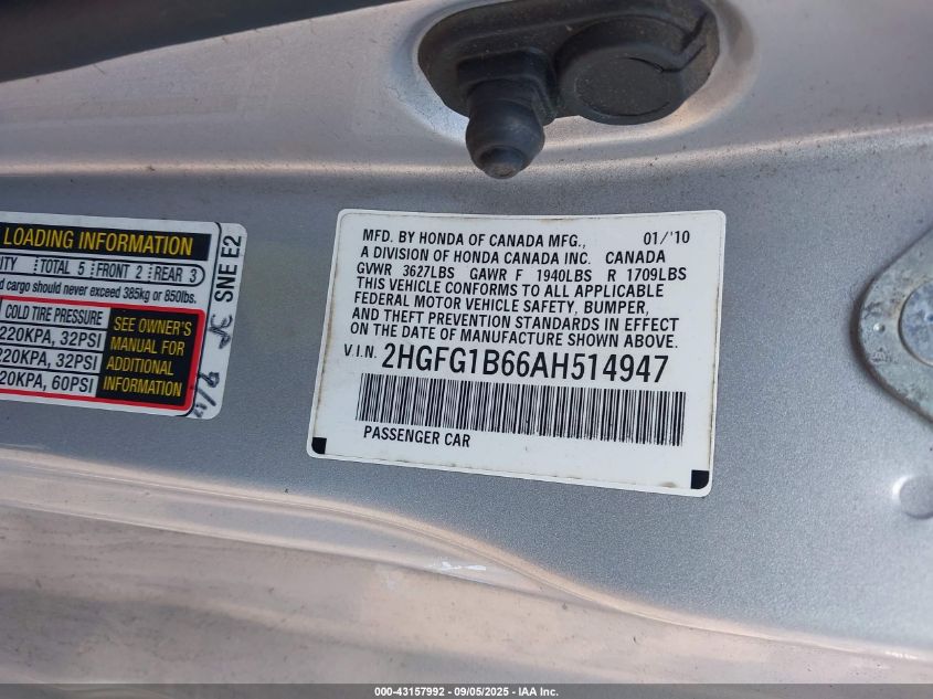 2010 Honda Civic Lx VIN: 2HGFG1B66AH514947 Lot: 43157992