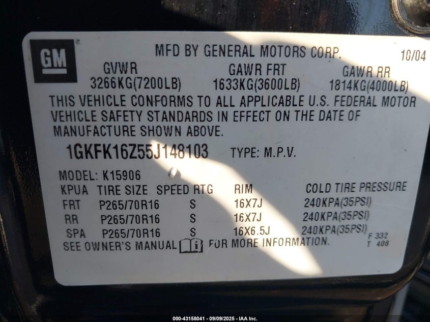 2005 GMC Yukon Xl 1500 Slt VIN: 1GKFK16Z55J148103 Lot: 43158041