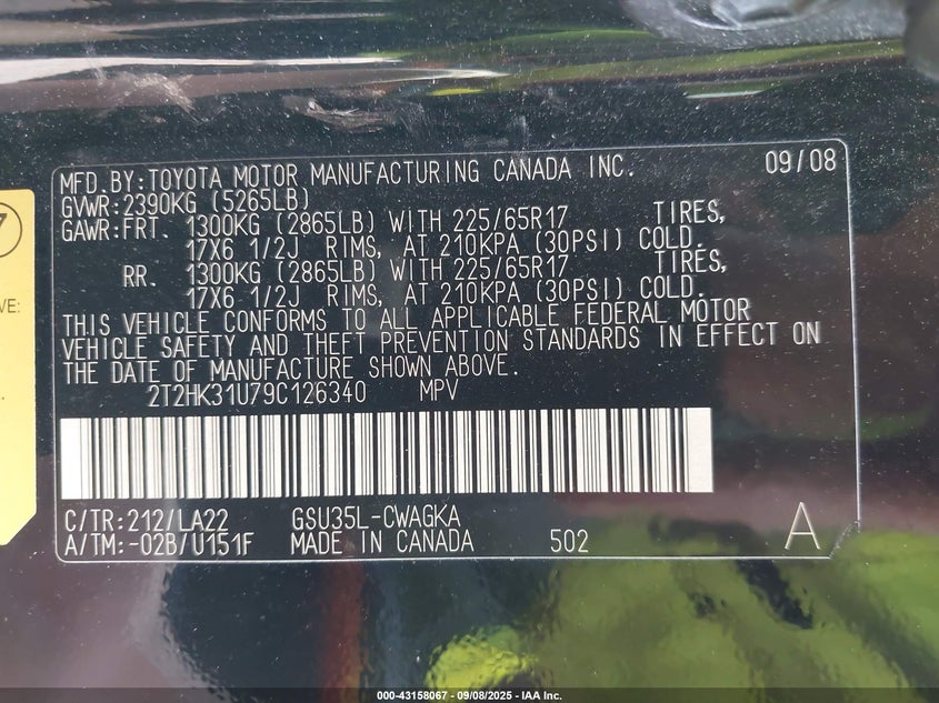 2009 Lexus Rx 350 VIN: 2T2HK31U79C126340 Lot: 43158067