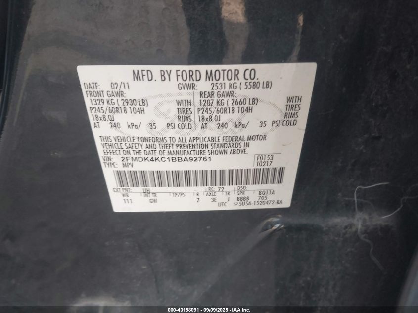 2011 Ford Edge Limited VIN: 2FMDK4KC1BBA92761 Lot: 43158091