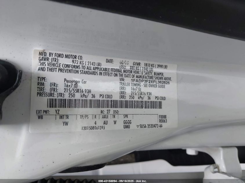 2015 Ford Focus Se VIN: 1FADP3F2XFL362826 Lot: 43158094