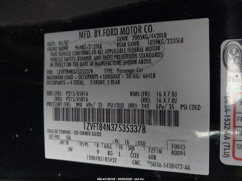 2007 Ford Mustang V6 Deluxe/V6 Premium VIN: 1ZVFT84N375353378 Lot: 43158105