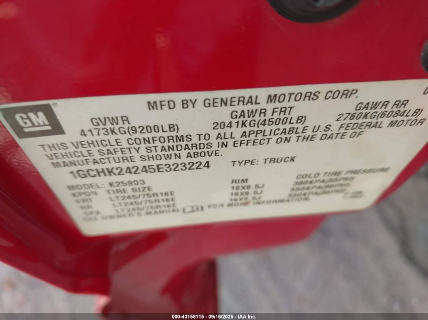 2005 Chevrolet Silverado 2500Hd Work Truck VIN: 1GCHK24245E323224 Lot: 43158115