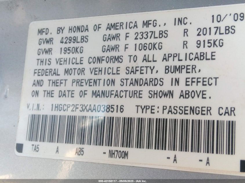 2010 Honda Accord 2.4 Lx VIN: 1HGCP2F3XAA038516 Lot: 43158117