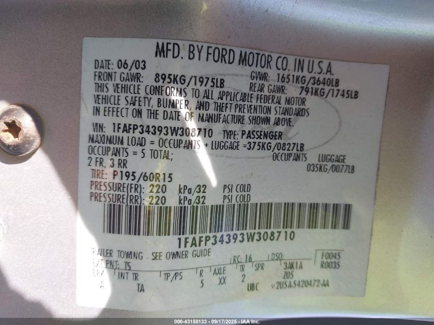 2003 Ford Focus Se VIN: 1FAFP34393W308710 Lot: 43158133