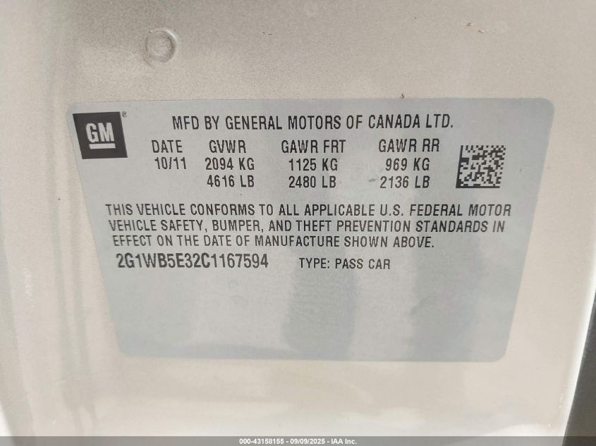 2012 Chevrolet Impala Lt VIN: 2G1WB5E32C1167594 Lot: 43158155