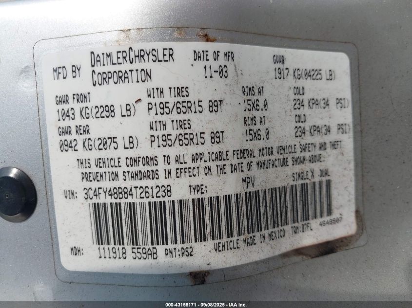 2004 Chrysler Pt Cruiser VIN: 3C4SY48V84T261238 Lot: 43158171