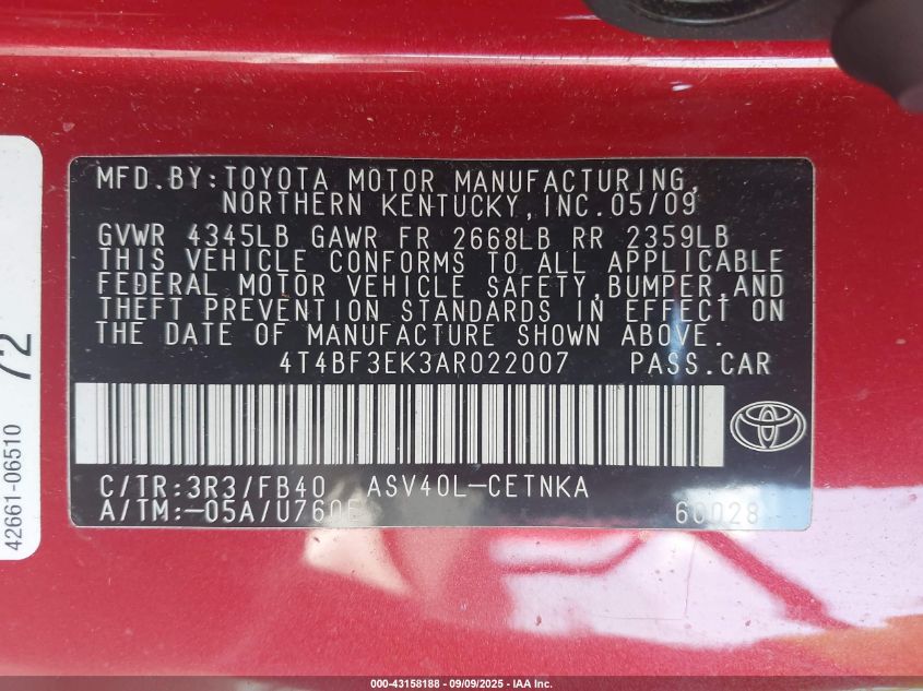 2010 Toyota Camry Le VIN: 4T4BF3EK3AR022007 Lot: 43158188