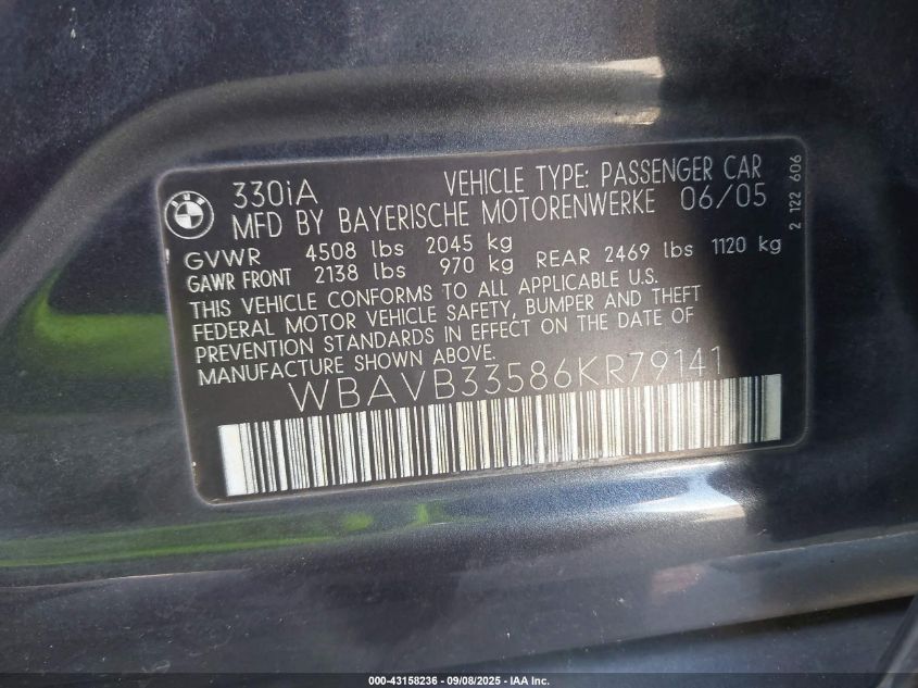 2006 BMW 330I VIN: WBAVB33586KR79141 Lot: 43158236