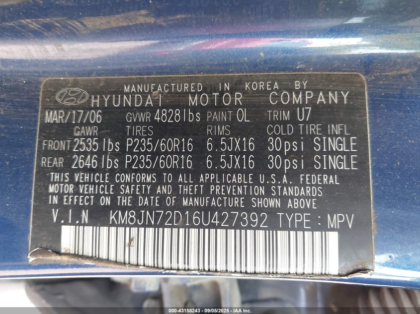 2006 Hyundai Tucson Gls/Limited VIN: KM8JN72D16U427392 Lot: 43158243