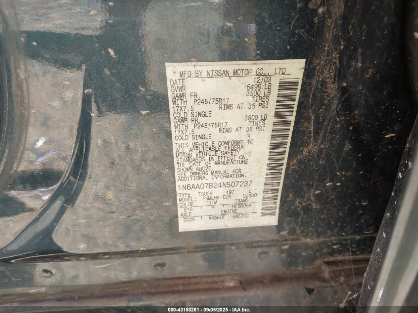 2004 Nissan Titan Xe VIN: 1N6AA07B24N507237 Lot: 43158261