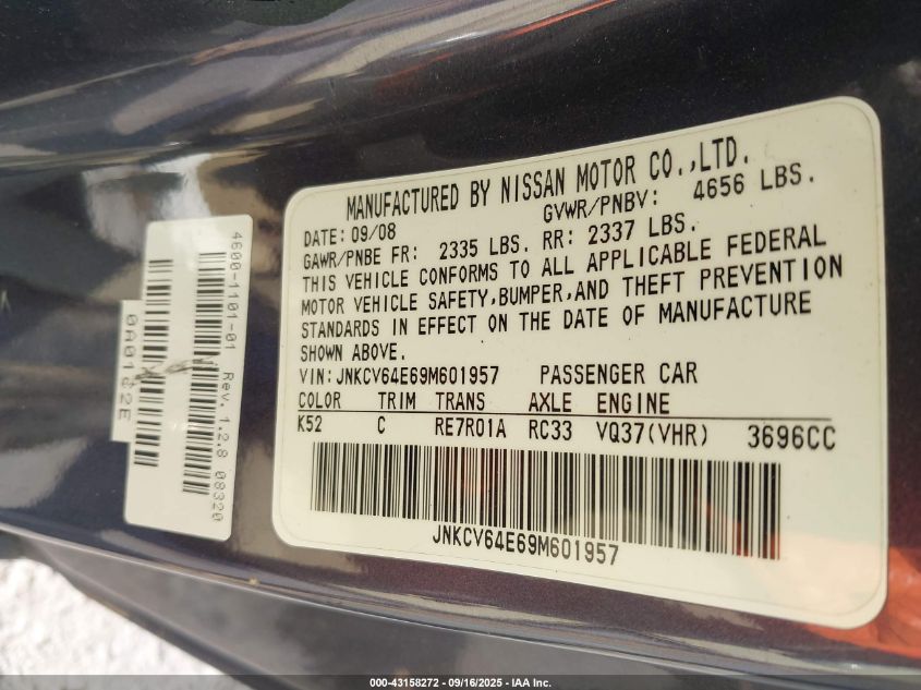 2009 Infiniti G37 Journey VIN: JNKCV64E69M601957 Lot: 43158272