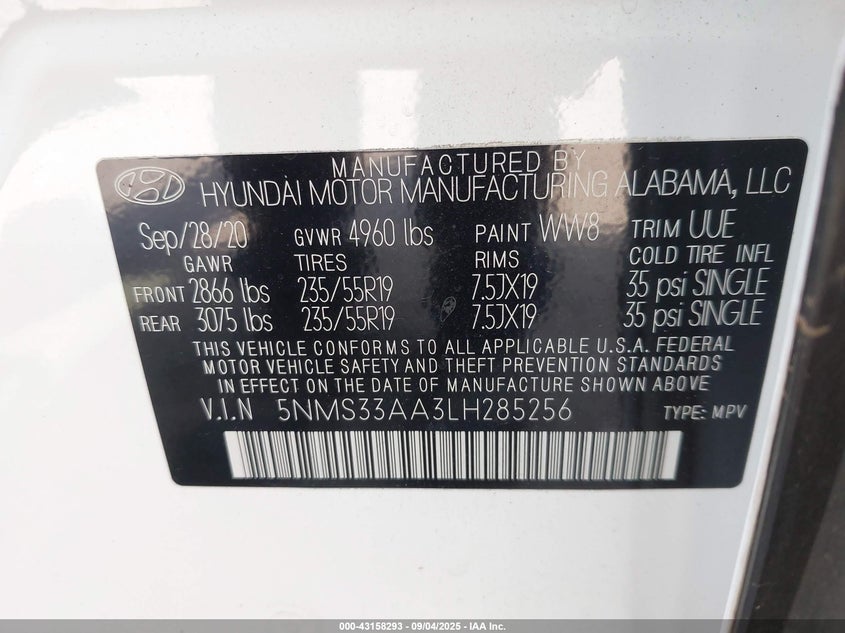 2020 HYUNDAI SANTA FE SEL 2.0T - 5NMS33AA3LH285256