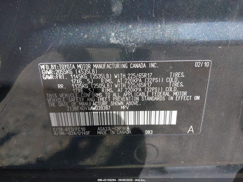 2010 Toyota Rav4 VIN: 2T3BF4DVXAW039387 Lot: 43158294