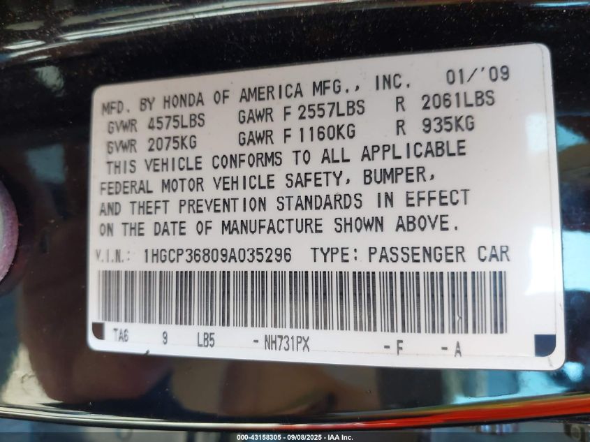 2009 Honda Accord 3.5 Ex-L VIN: 1HGCP36809A035296 Lot: 43158305