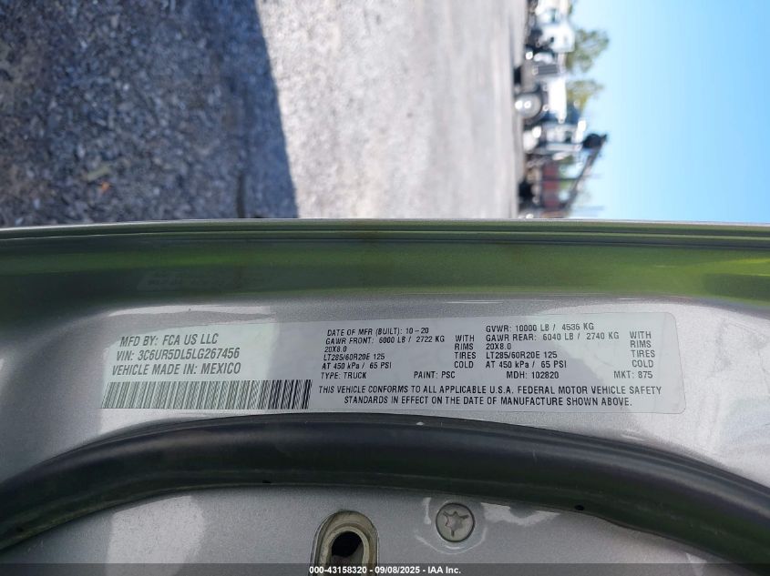 2020 Ram 2500 Big Horn 4X4 6'4 Box VIN: 3C6UR5DL5LG267456 Lot: 43158320