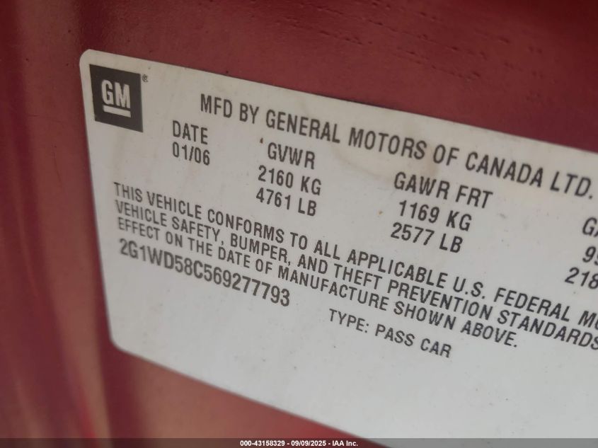 2006 Chevrolet Impala Ss VIN: 2G1WD58C569277793 Lot: 43158329