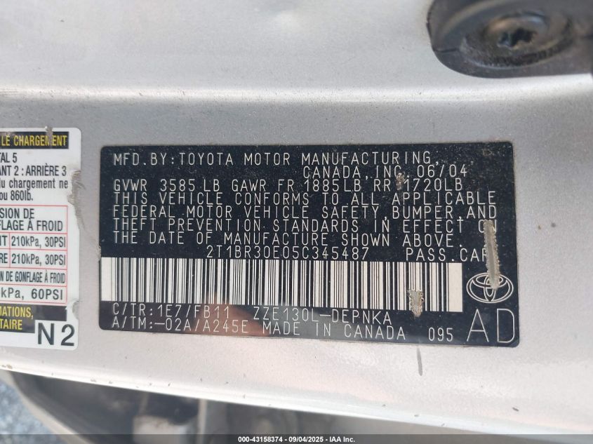 2005 Toyota Corolla Le VIN: 2T1BR30E05C345487 Lot: 43158374