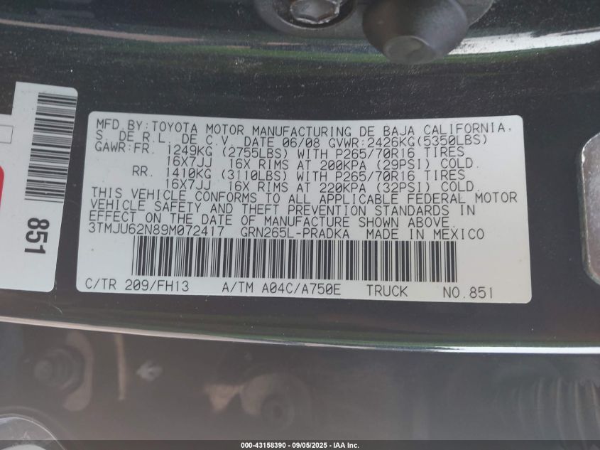2009 Toyota Tacoma Prerunner V6 VIN: 3TMJU62N89M072417 Lot: 43158390