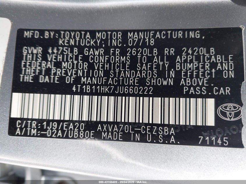 2018 TOYOTA CAMRY SE 4T1B11HK7JU660222