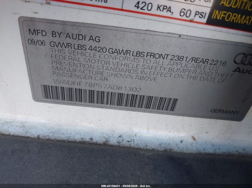 2007 Audi A3 2.0T VIN: WAUHF78P57A081302 Lot: 43158431