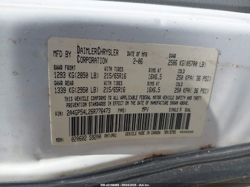 2006 Chrysler Town & Country Touring VIN: 2A4GP54L26R776473 Lot: 43158468