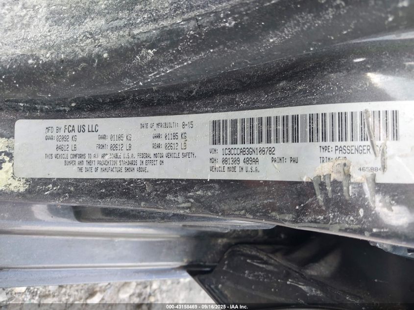 2016 Chrysler 200 Limited VIN: 1C3CCCAB3GN108782 Lot: 43158469