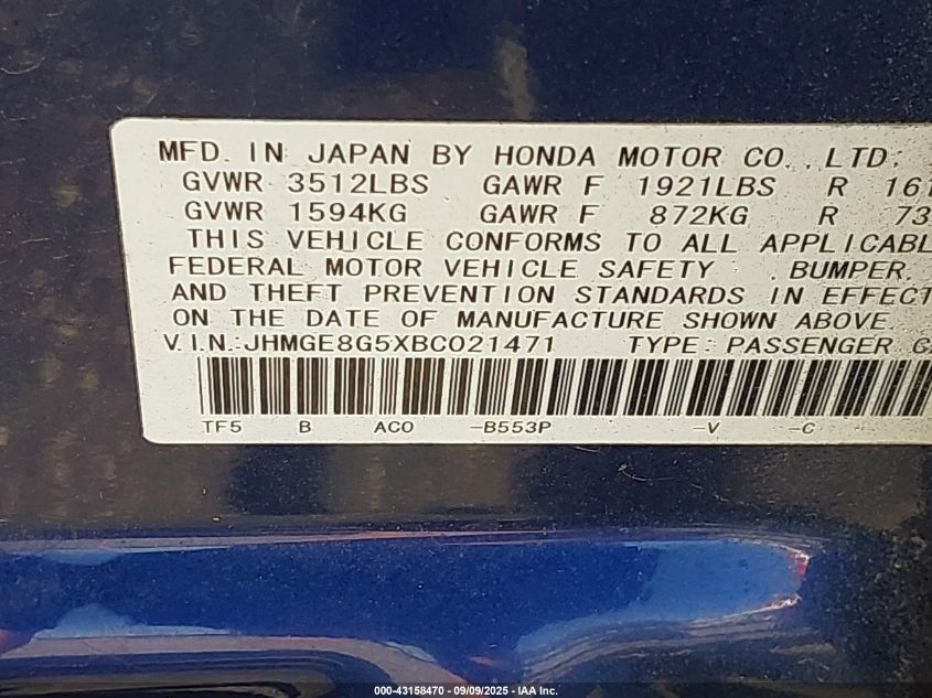 2011 Honda Fit Sport VIN: JHMGE8G5XBC021471 Lot: 43158470