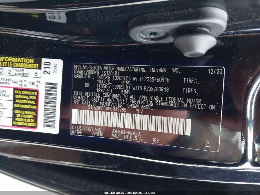 2021 Toyota Sienna Limited VIN: 5TDZRKEC0MS012289 Lot: 43158495