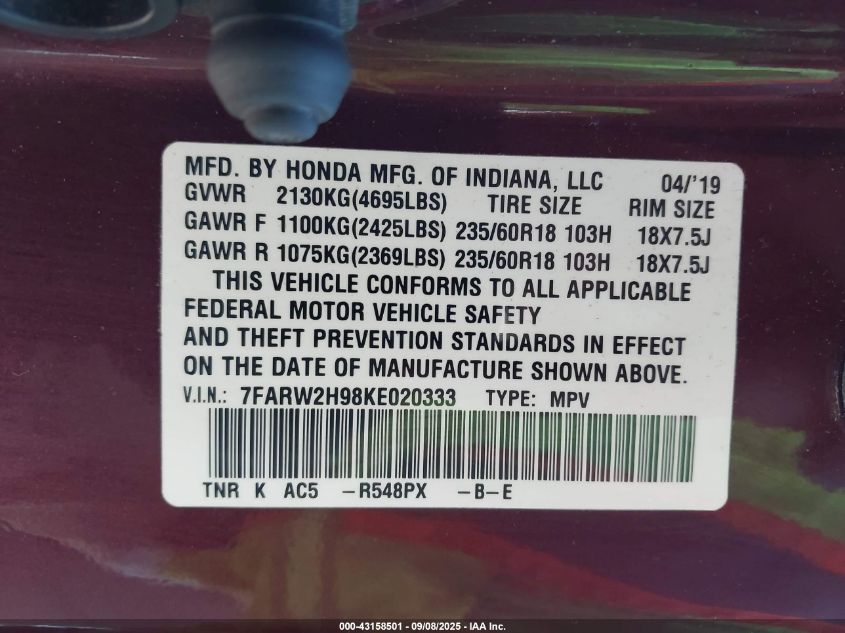 2019 Honda Cr-V Touring VIN: 7FARW2H98KE020333 Lot: 43158501