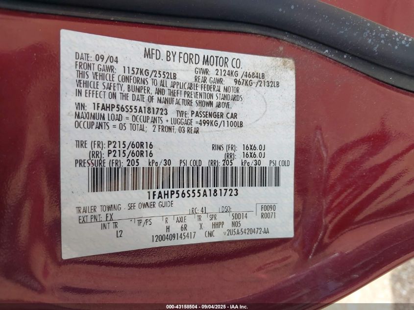 2005 Ford Taurus Sel VIN: 1FAHP56S55A181723 Lot: 43158504