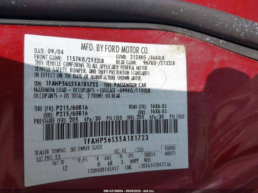 2005 Ford Taurus Sel VIN: 1FAHP56S55A181723 Lot: 43158504