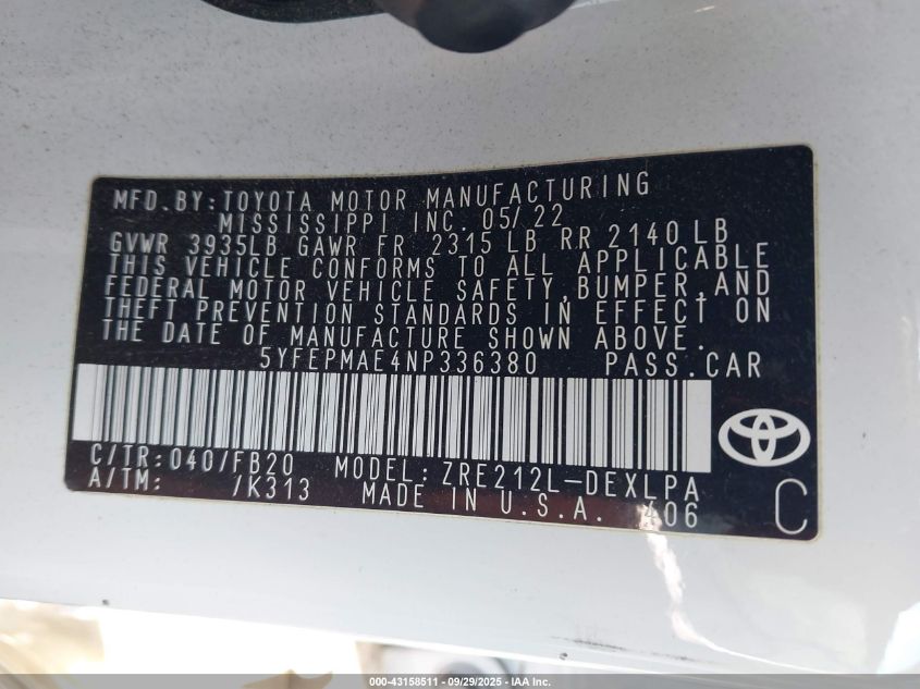 2022 Toyota Corolla Le VIN: 5YFEPMAE4NP336380 Lot: 43158511