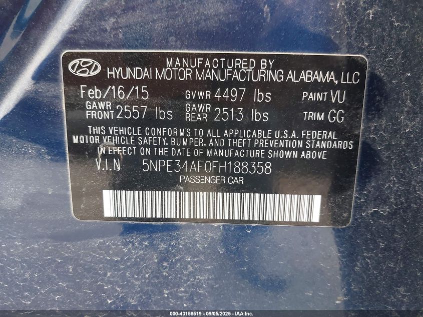 2015 Hyundai Sonata Sport VIN: 5NPE34AF0FH188358 Lot: 43158519