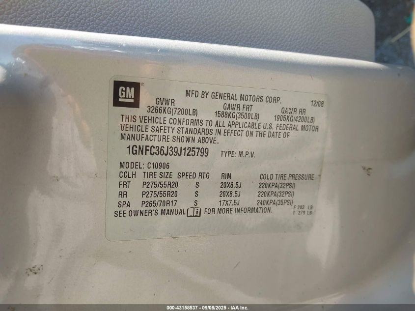 2009 Chevrolet Suburban 1500 Ltz VIN: 1GNFC36J39J125799 Lot: 43158537