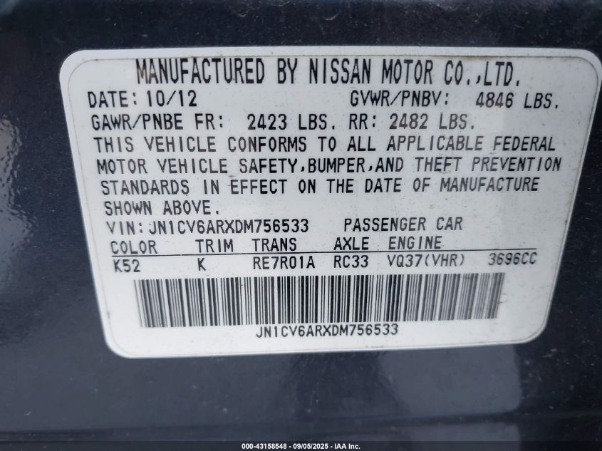 2013 Infiniti G37X VIN: JN1CV6ARXDM756533 Lot: 43158548