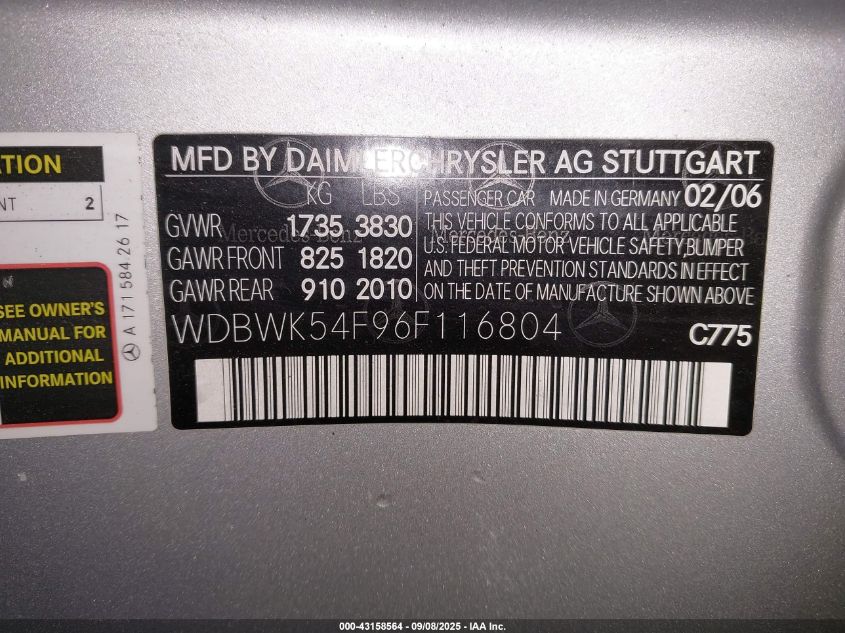 2006 Mercedes-Benz Slk 280 VIN: WDBWK54F96F116804 Lot: 43158564