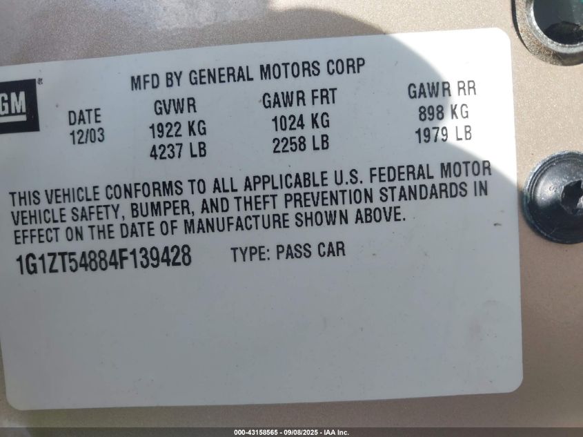 2004 Chevrolet Malibu Ls VIN: 1G1ZT54884F139428 Lot: 43158565