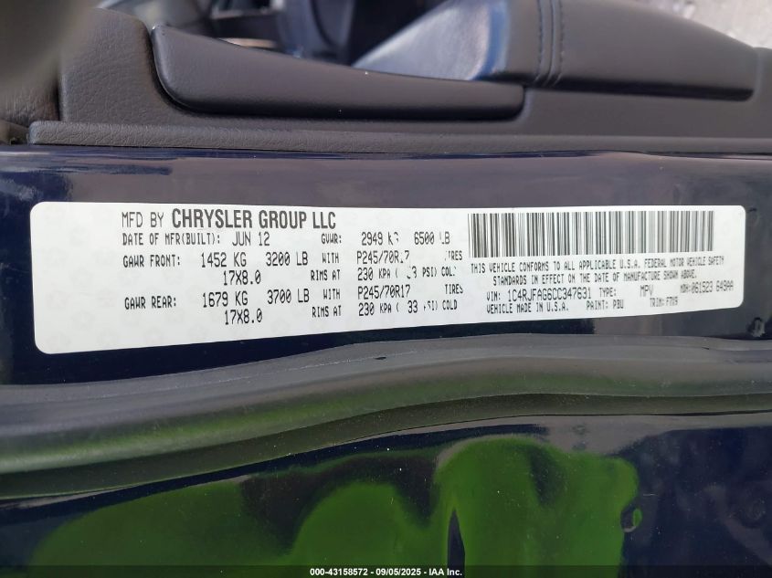 2012 Jeep Grand Cherokee Laredo VIN: 1C4RJFAG6CC347631 Lot: 43158572