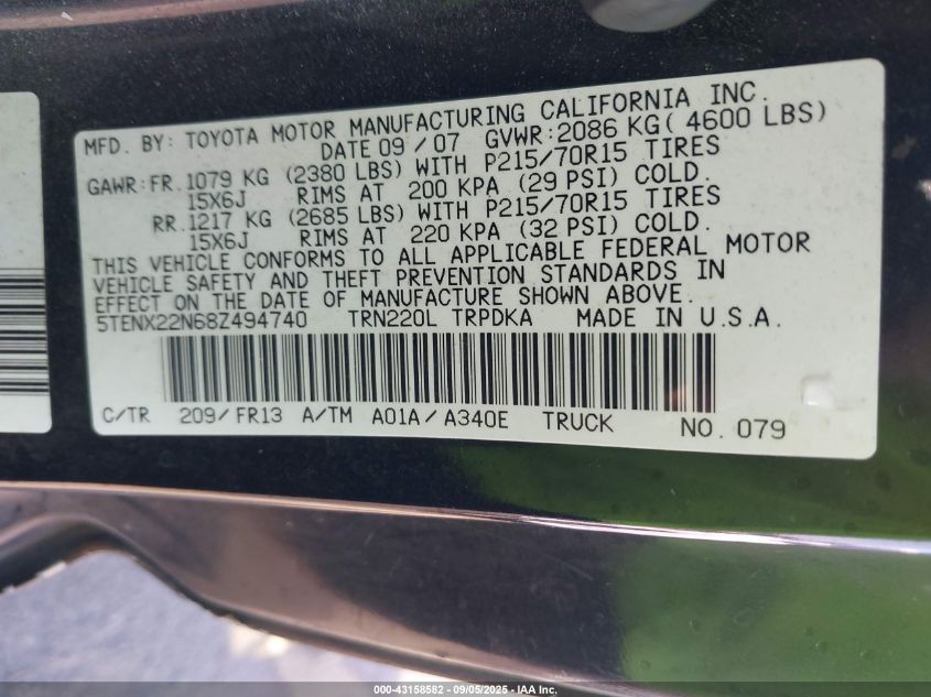 2008 Toyota Tacoma VIN: 5TENX22N68Z494740 Lot: 43158582