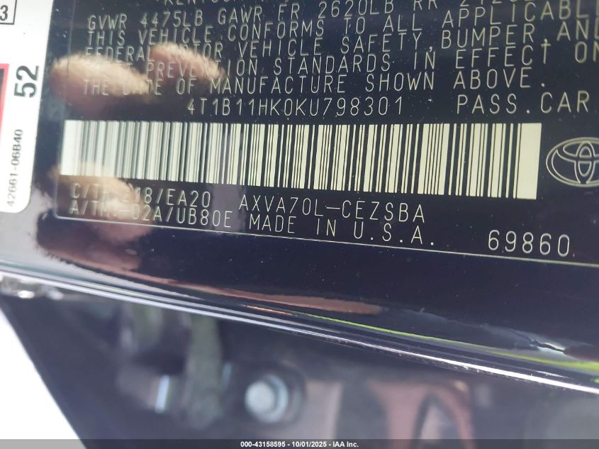 2019 Toyota Camry Se VIN: 4T1B11HK0KU798301 Lot: 43158595