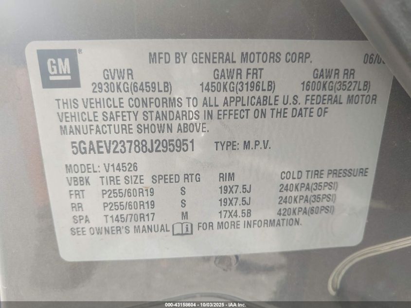 2008 Buick Enclave Cxl VIN: 5GAEV23788J295951 Lot: 43158604