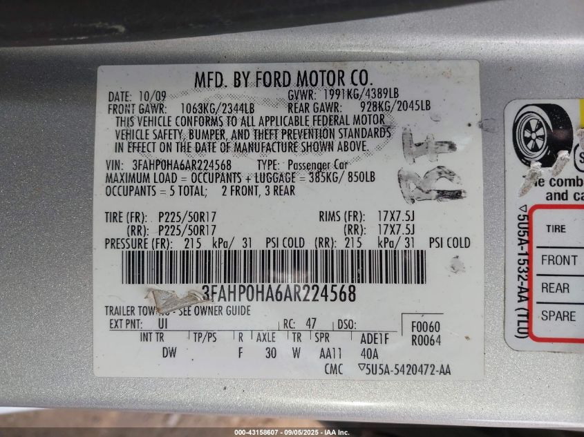 2010 Ford Fusion Se VIN: 3FAHP0HA6AR224568 Lot: 43158607