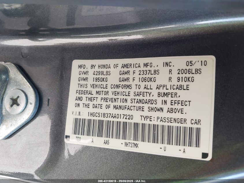 2010 Honda Accord 2.4 Lx-S VIN: 1HGCS1B37AA017220 Lot: 43158616