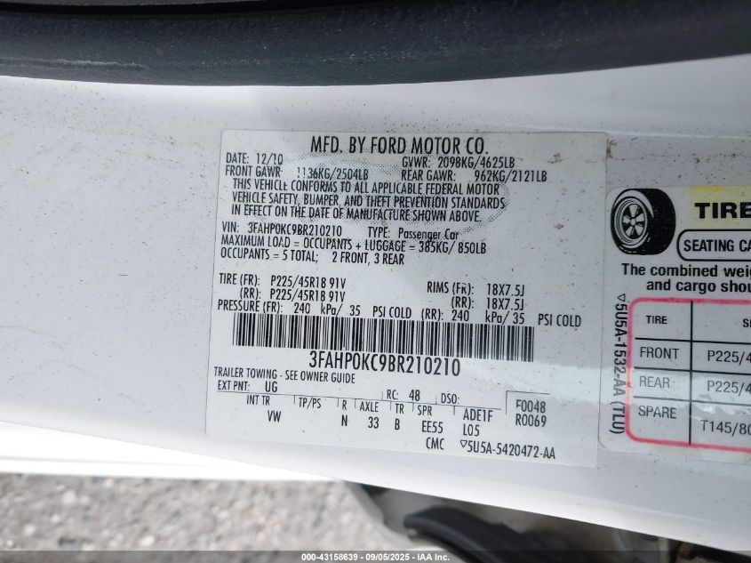 2011 Ford Fusion Sport VIN: 3FAHP0KC9BR210210 Lot: 43158639