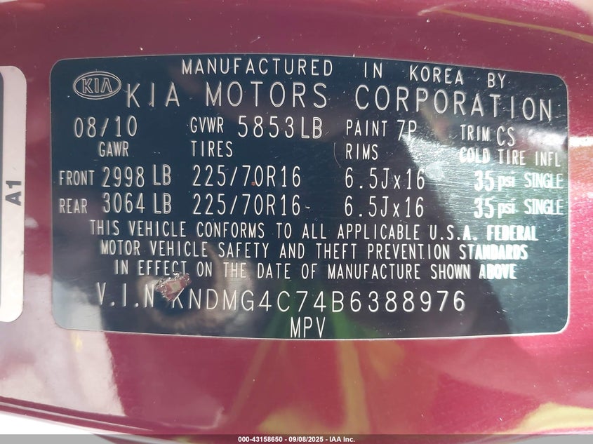 2011 Kia Sedona Lx VIN: KNDMG4C74B6388976 Lot: 43158650