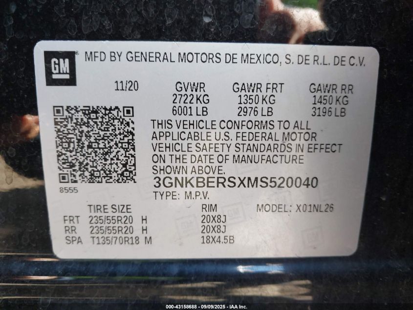 2021 Chevrolet Blazer Fwd Rs VIN: 3GNKBERSXMS520040 Lot: 43158688